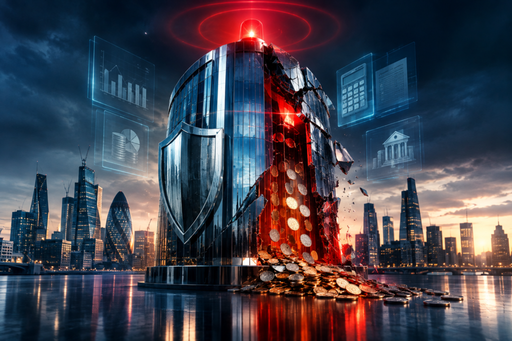 Futuristic financial tower cracking open with coins spilling out, symbolising an unexpected tax liability caused by professional negligence