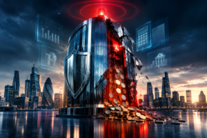 Futuristic financial tower cracking open with coins spilling out, symbolising an unexpected tax liability caused by professional negligence