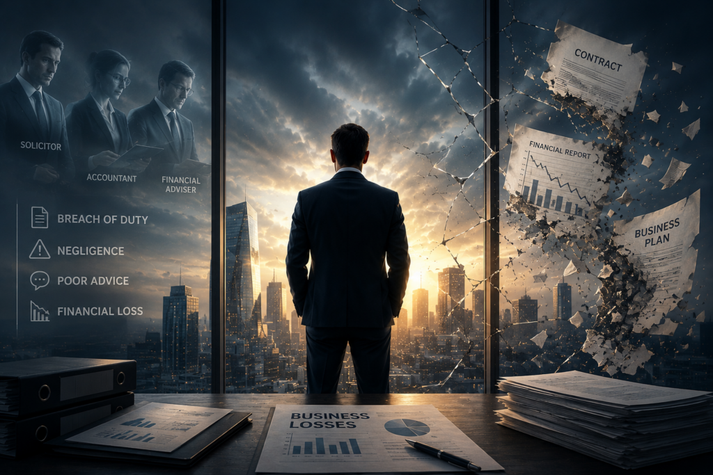 A dramatic, conceptual image of a businessman looking out a shattered office window at a city sunset. To his left, spectral overlays show a solicitor, accountant, and financial adviser alongside the terms "Breach of Duty," "Negligence," "Poor Advice," and "Financial Loss." To his right, business documents like a "Contract" and "Financial Report" are exploding into fragments through broken glass.