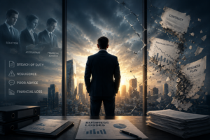 A dramatic, conceptual image of a businessman looking out a shattered office window at a city sunset. To his left, spectral overlays show a solicitor, accountant, and financial adviser alongside the terms "Breach of Duty," "Negligence," "Poor Advice," and "Financial Loss." To his right, business documents like a "Contract" and "Financial Report" are exploding into fragments through broken glass.