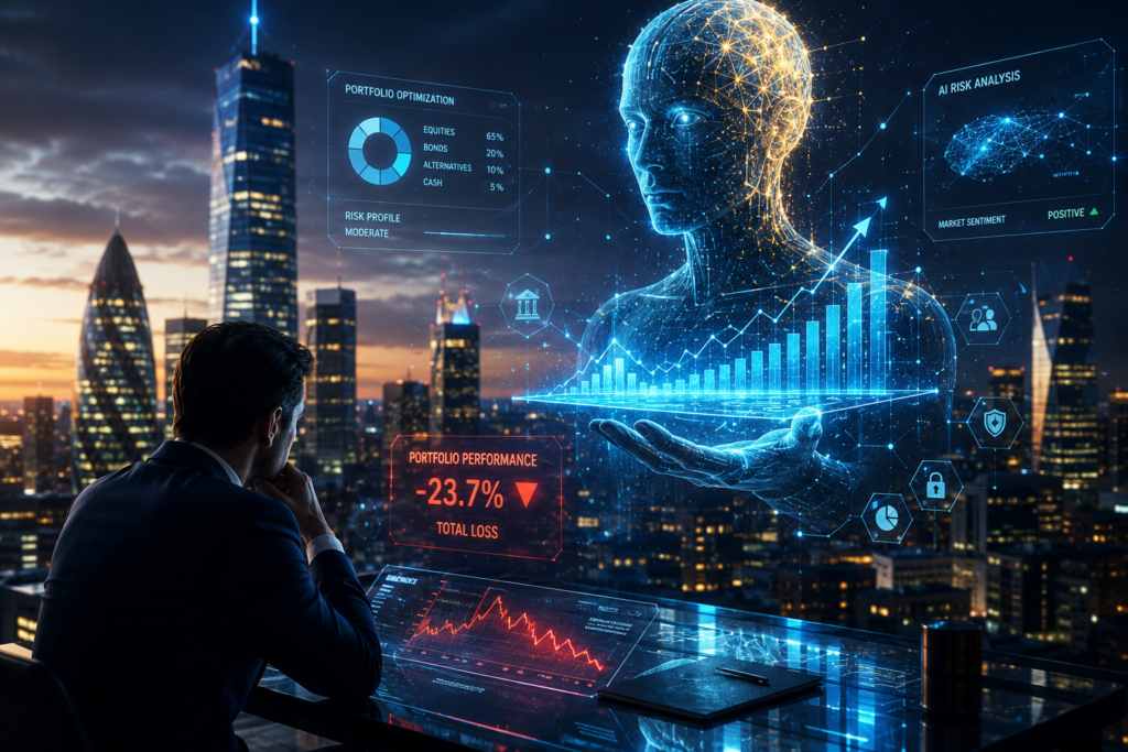 AI-generated financial advice visualisation showing a futuristic investor analysing holographic investment data and algorithmic risk assessment after significant portfolio losses.