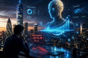 AI-generated financial advice visualisation showing a futuristic investor analysing holographic investment data and algorithmic risk assessment after significant portfolio losses.