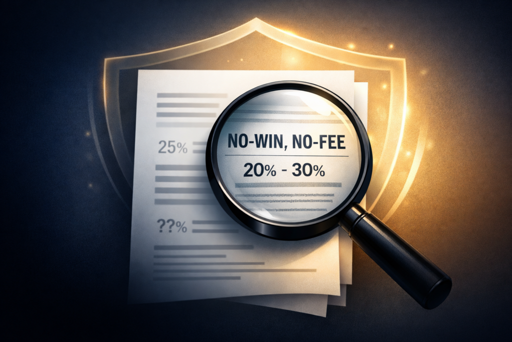 Magnifying glass examining a legal document marked “No-Win, No-Fee,” highlighting ambiguous percentages, with a glowing shield in the background representing client protection and transparency.