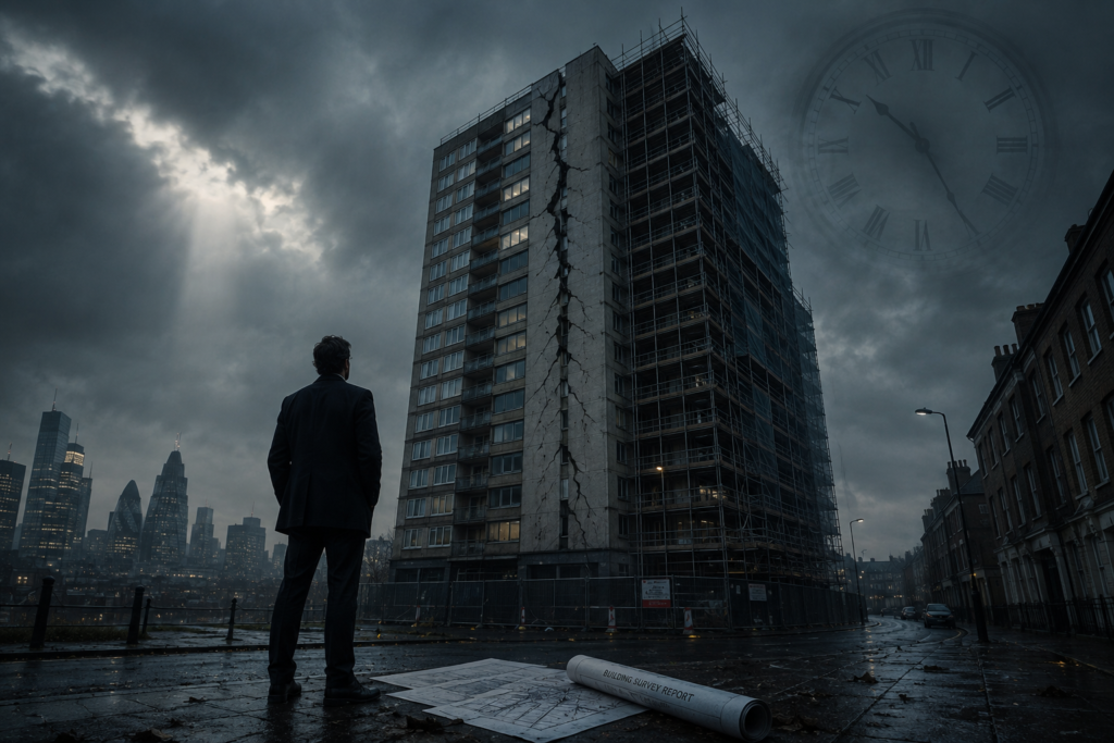 A suited figure stands on a rain-soaked London street facing a cracked apartment building covered in scaffolding, with architectural drawings on the pavement and a faint clock in the stormy sky.