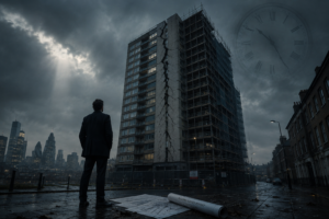 A suited figure stands on a rain-soaked London street facing a cracked apartment building covered in scaffolding, with architectural drawings on the pavement and a faint clock in the stormy sky.