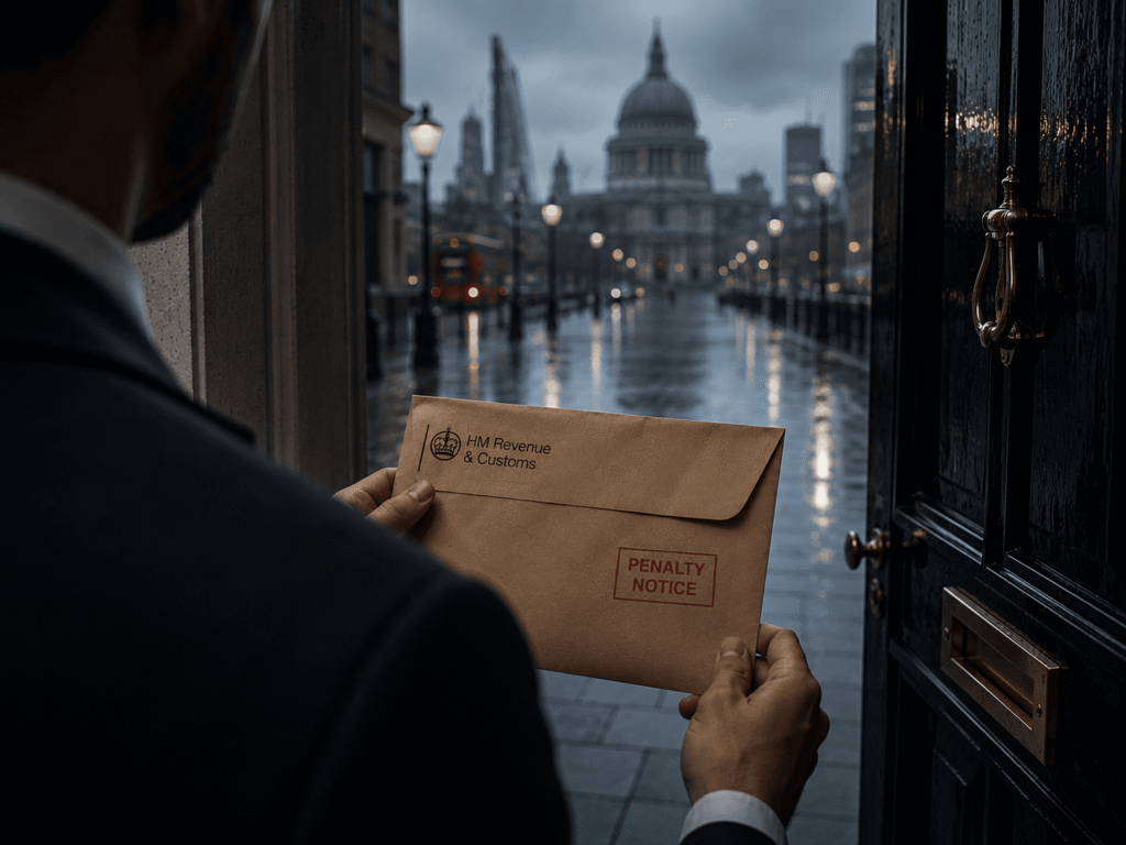 Close-up over-the-shoulder view of a person in a dark business suit holding a sealed HMRC penalty notice envelope in the doorway of a London townhouse, overlooking a rain-soaked City of London street with St Paul's Cathedral blurred in the background, symbolising financial uncertainty and the need for legal advice.
