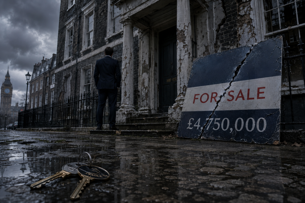 A lone business professional stands outside a dilapidated Georgian townhouse on a rain-soaked London street. In the foreground, a cracked "For Sale" sign displaying an inflated property price and a set of abandoned house keys symbolise a failed property transaction and estate agent negligence.