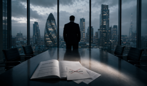 A lone person in a dark business suit stands with their back to the viewer in a large, empty glass-walled boardroom overlooking the City of London at dusk. An open valuation report lies on the polished conference table in the foreground, with a prominent page displaying a crossed-out financial figure. Beyond the floor-to-ceiling windows, the Gherkin and surrounding skyscrapers emerge through cold grey mist. A narrow beam of pale light illuminates the report while deep blue-grey tones and heavy shadows create a cinematic atmosphere of financial loss, professional failure, and the pursuit of legal remedy.