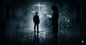 Two silhouetted professionals stand in a tense, symbolic scene on a cracked glass floor, one holding disintegrating documents while facing another figure, with a glowing unbalanced scale of justice in the background.