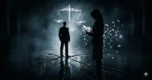 Two silhouetted professionals stand in a tense, symbolic scene on a cracked glass floor, one holding disintegrating documents while facing another figure, with a glowing unbalanced scale of justice in the background.