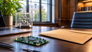 Circuit board, molecule model and unopened envelope on a walnut desk, illustrating an R&D tax credit adviser negligence claim