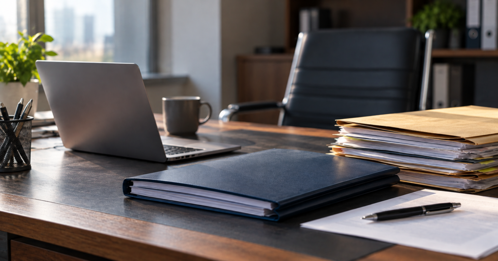 An unattended professional office desk with an open laptop, a thick stack of client documents in a worn folder, a closed navy binder and an empty office chair, suggesting unresolved client matters following a professional’s insolvency.