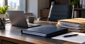 An unattended professional office desk with an open laptop, a thick stack of client documents in a worn folder, a closed navy binder and an empty office chair, suggesting unresolved client matters following a professional’s insolvency.