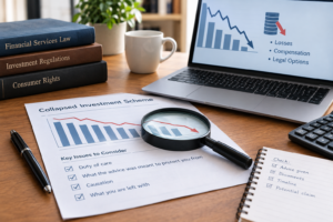 Realistic office desk with investment loss reports, a laptop displaying a falling financial chart, a calculator and organised legal documents illustrating claims for losses from a collapsed investment scheme in the UK.