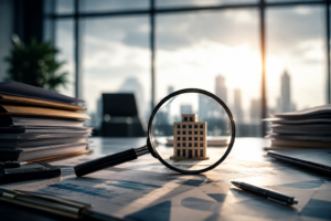 Negligent due diligence and business acquisition risks represented by a magnifying glass examining a business model