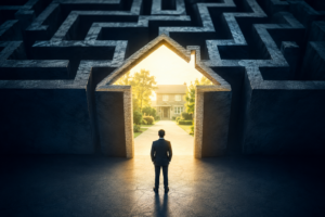 A lone professional stands before a vast stone labyrinth shaped around a house, illuminated by golden light, symbolising the complex path of mortgage advice and the financial consequences of negligent broker recommendations.