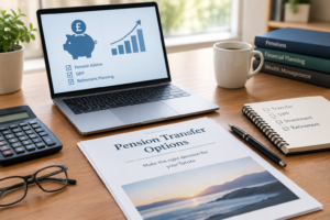 Realistic office desk with pension transfer documents, a laptop displaying retirement savings graphics, a calculator and financial planning notes illustrating UK pension transfer and SIPP negligence claims.
