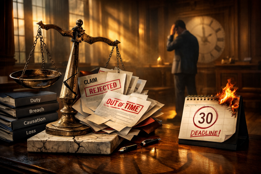 Professional negligence claim rejected due to missed deadline, with scales of justice beside documents marked “Rejected” and “Out of Time” in a dramatic courtroom setting.