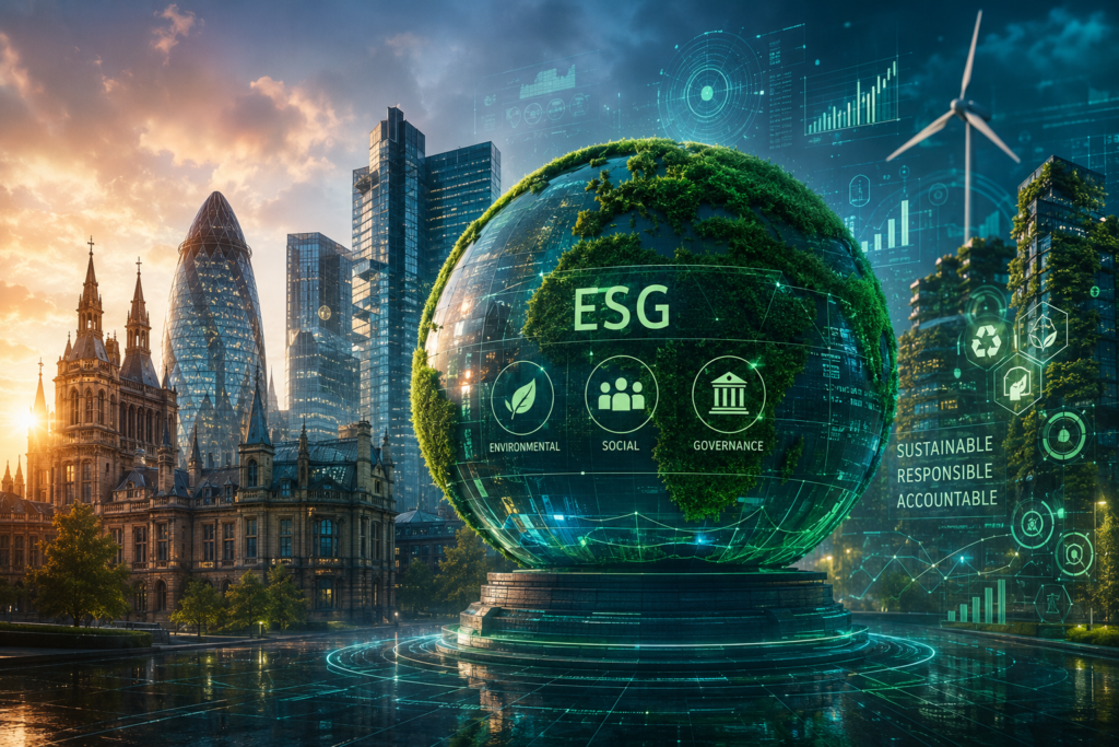 Futuristic ESG sustainability cityscape featuring a glowing green digital globe surrounded by modern skyscrapers, historic London-style architecture, renewable energy technology, and holographic environmental governance data displays