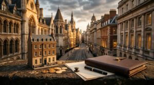 A detailed model of a classic London townhouse alongside legal documents, gold coins, and a fountain pen set against a sweeping view of historic London architecture at golden hour, symbolizing Stamp Duty tax and property law.