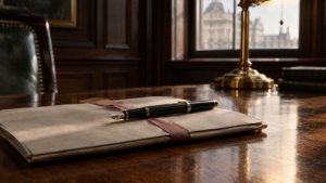 Fountain pen on an unsigned legal document tied with pink tape on a solicitor’s desk