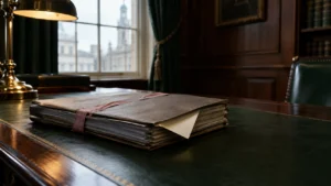 Solicitor’s client file tied with legal tape on a desk, one document folded back as if hidden from the client