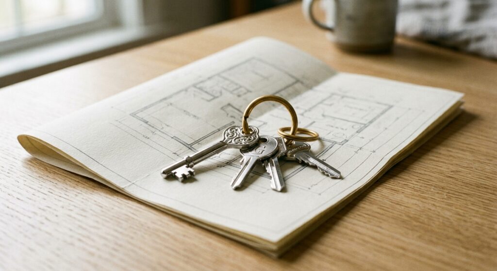House keys resting on a folded architectural plan, representing a conveyancing negligence claim after a solicitor missed a defect in a property purchase