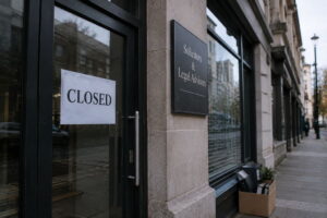 Realistic photograph of a closed solicitors’ law firm in England, showing a locked office entrance and empty legal office premises.