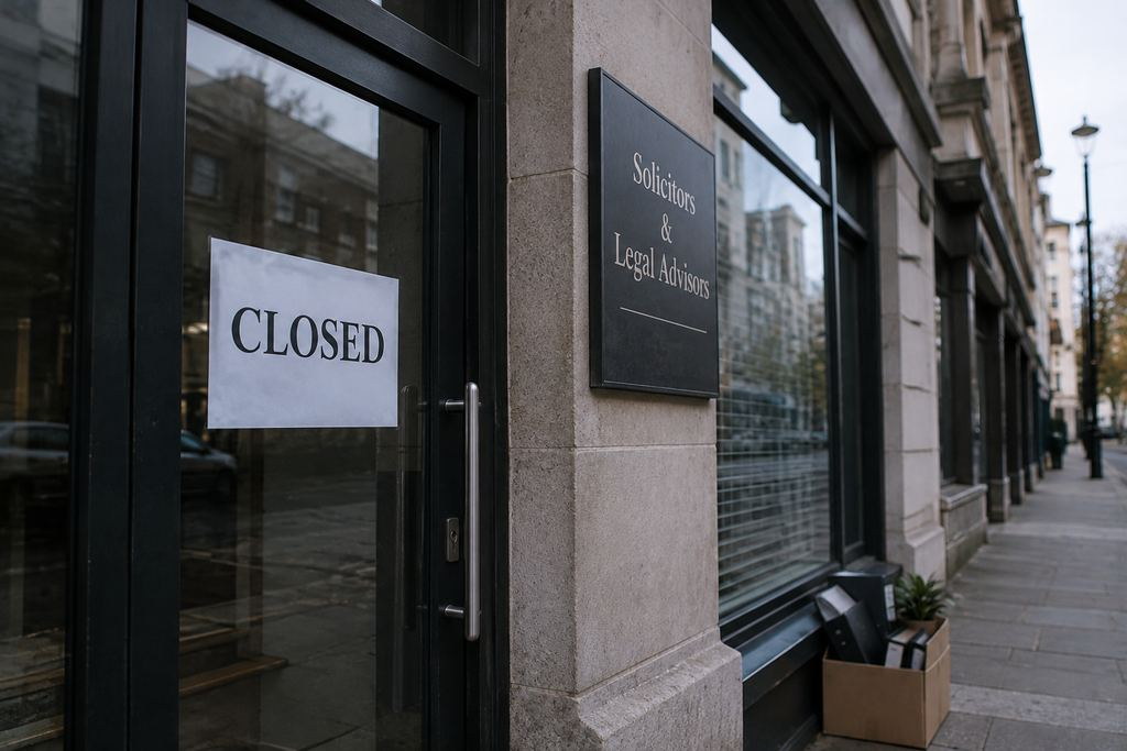Realistic photograph of a closed solicitors’ law firm in England, showing a locked office entrance and empty legal office premises.